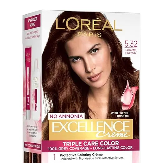 L'Oreal Paris Hair Colour, Radiant At-Home Hair Colour with up to 100% Grey Coverage, Excellence Creme, 5.32 Caramel Brown, 72ml+100g - Mytrendzcart