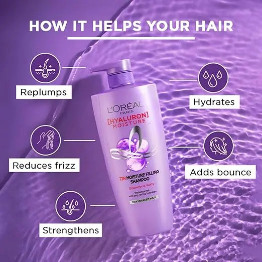 L'Oreal Paris Moisture Filling Shampoo, With Hyaluronic Acid, For Dry & Dehydrated Hair, Adds Shine & Bounce, Hyaluron Moisture 72H, 650ml - Mytrendzcart