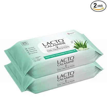 Lacto Calamine Daily Cleansing Facial Wipes 25N Each - Pack of 2 | Wet Wipes for Face with Aloe Vera, Cucumber & Vitamin E | Makeup Remover Wipes| Hydrating,Refreshing, Soothing| - Mytrendzcart