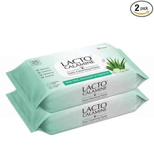 Lacto Calamine Daily Cleansing Facial Wipes 25N Each - Pack of 2 | Wet Wipes for Face with Aloe Vera, Cucumber & Vitamin E | Makeup Remover Wipes| Hydrating,Refreshing, Soothing| - Mytrendzcart
