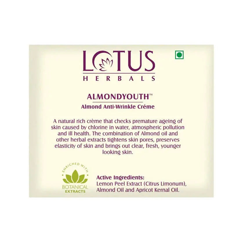 Lotus Herbals Almondyouth Almond Anti-Wrinkle Cream -50 Gm - Mytrendzcart