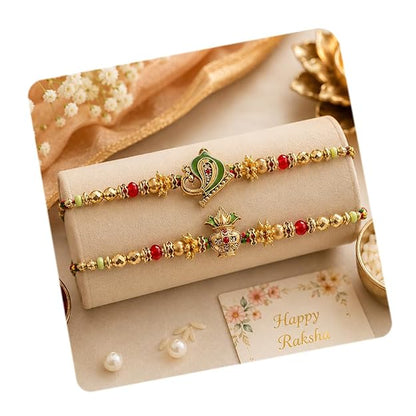 CraftVatika Kundan Rakhi Set for Brother Set of 2, Designer Peacock Rakhi for Brother Boy Men, Premium Kalash Raki for Bhaiya, Traditional Rakshabandhan Rakhis with Best Wishes Card and Tillak Set