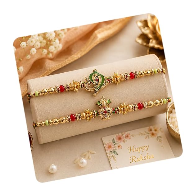 CraftVatika Kundan Rakhi Set for Brother Set of 2, Designer Peacock Rakhi for Brother Boy Men, Premium Kalash Raki for Bhaiya, Traditional Rakshabandhan Rakhis with Best Wishes Card and Tillak Set