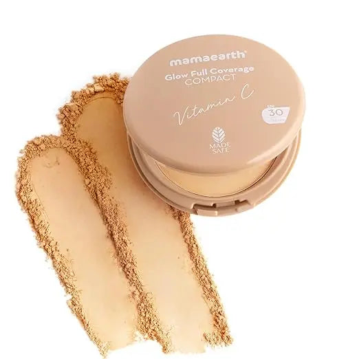 Mamaearth Glow Full Coverage Compact SPF 30 with Vitamin C & Turmeric for up to 3X Instant Glow - 9 g | Even Toned Complexion | Mattifying| Up to 16-Hour Oil Control & Sweat-Resistant (Natural Glow) - Mytrendzcart