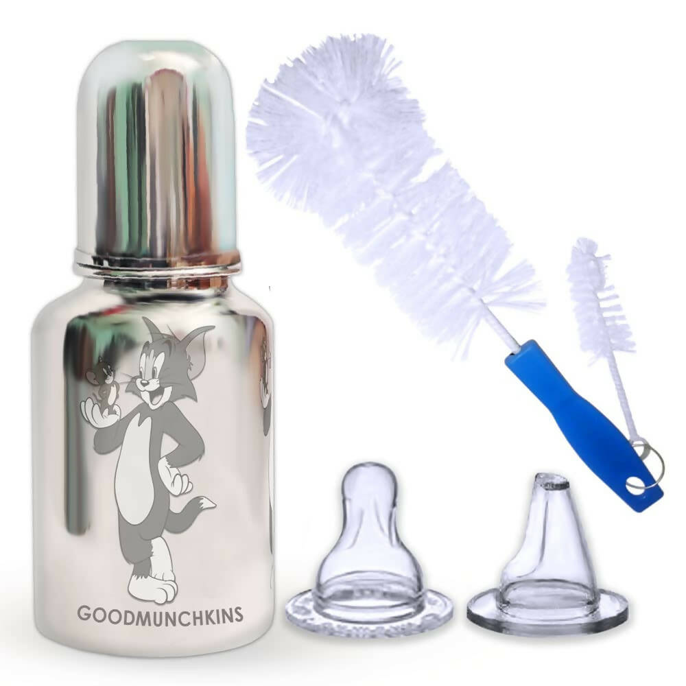 Goodmunchkins Stainless Steel Feeding Bottle with Anti Colic Silicone Nipple/Bottle Cleaning Nylon Brush (300ml, Blue) - Mytrendzcart