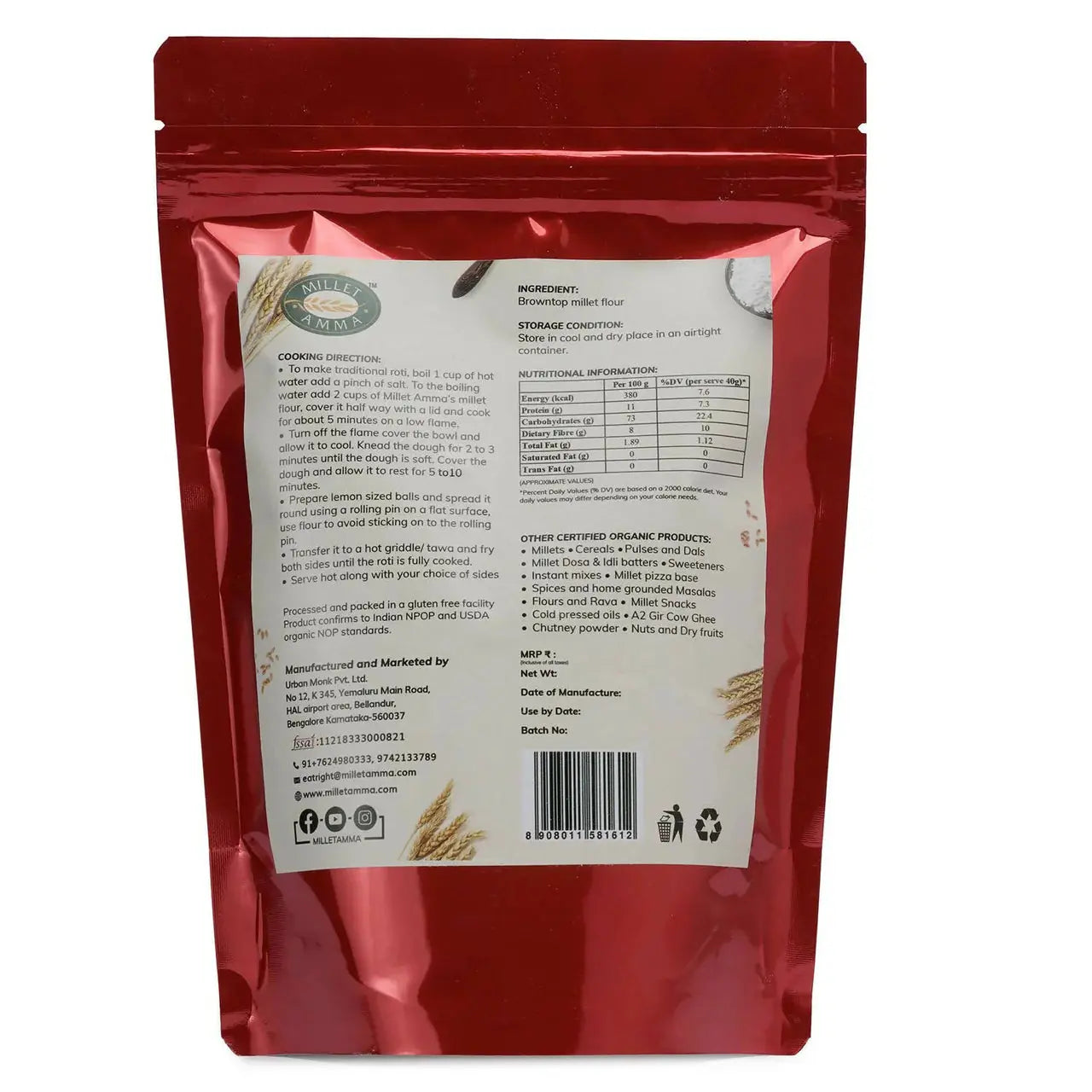 Millet Amma Organic Browntop Millet Flour -500 gm - Mytrendzcart