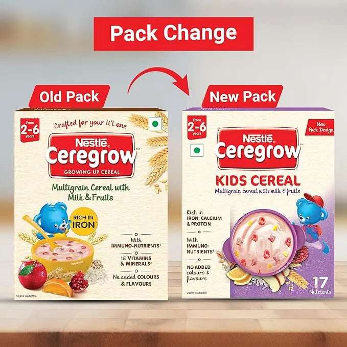 NESTLÉ CEREGROW Kids Cereal-Multigrain,Milk &Fruits|Rich in Iron, Calcium & Protein|Nutrient-Rich Tasty Breakfast |NO Added Colors or Flavors|16 Nutrients for Growth |300g - Mytrendzcart