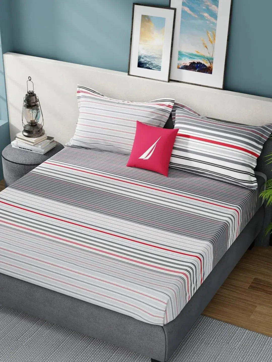 Nautica Bradford Grey & White Striped Cotton 160 TC King Bedsheet With 2 Pillow Covers -Double King - Mytrendzcart