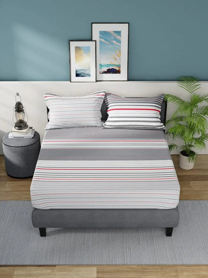 Nautica Bradford Grey & White Striped Cotton 160 TC King Bedsheet With 2 Pillow Covers -Double King - Mytrendzcart