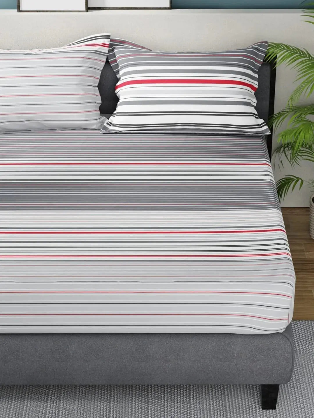 Nautica Bradford Grey & White Striped Cotton 160 TC King Bedsheet With 2 Pillow Covers -Double King - Mytrendzcart