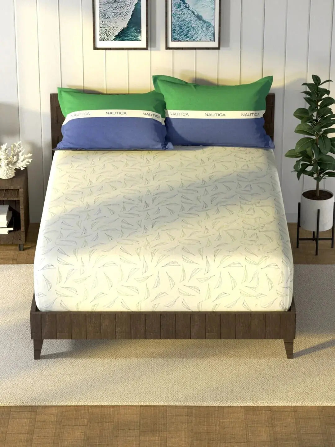 Nautica Noridge Green & Blue Floral Cotton 160 TC King Bedsheet With 2 Pillow Covers -Double King - Mytrendzcart