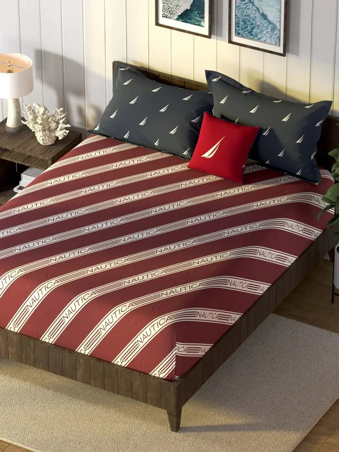 Nautica Noridge Red & White Printed Cotton 160 TC King Bedsheet with 2 Pillow Covers -Double King - Mytrendzcart