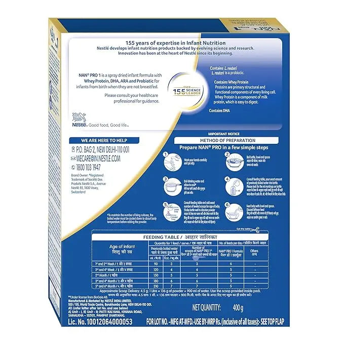 Nestlé Nan Pro 1 Infant Formula With Probiotic (Up To 6 Months), Stage 1-400G Bag-In-Box Pack, Powder - Mytrendzcart