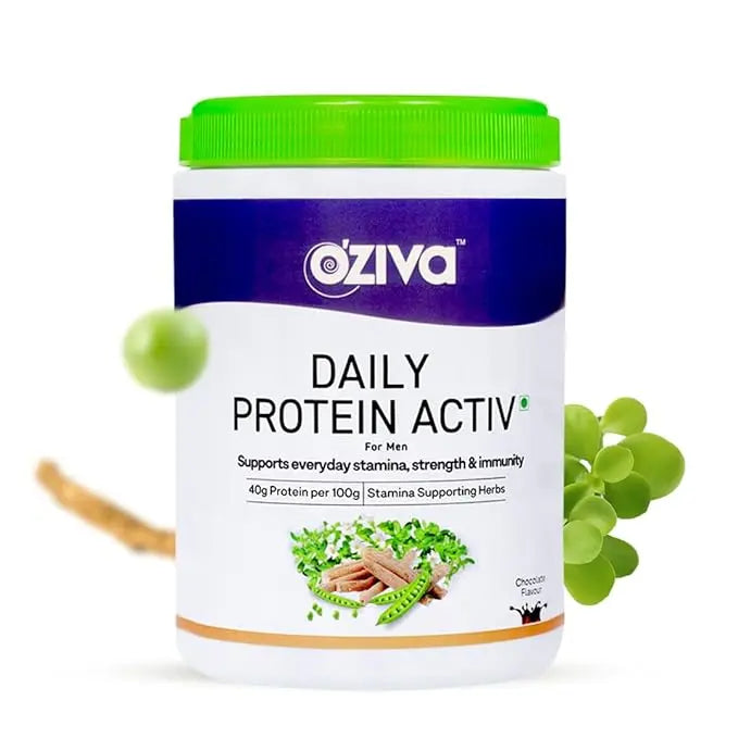 OZiva Daily Protein Activ for Men | Protein Powder for Men for Better Stamina, Muscular Health & Energy Levels | Big Muscle Protein with 40g Protein per 100g and Probiotic Bacteria 300g (Chocolate) - Mytrendzcart