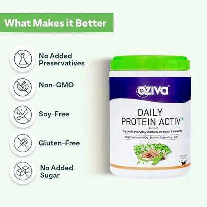 OZiva Daily Protein Activ for Men | Protein Powder for Men for Better Stamina, Muscular Health & Energy Levels | Big Muscle Protein with 40g Protein per 100g and Probiotic Bacteria 300g (Chocolate) - Mytrendzcart
