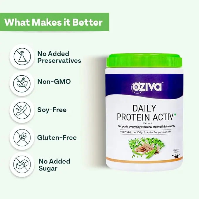 OZiva Daily Protein Activ for Men | Protein Powder for Men for Better Stamina, Muscular Health & Energy Levels | Big Muscle Protein with 40g Protein per 100g and Probiotic Bacteria 300g (Chocolate) - Mytrendzcart