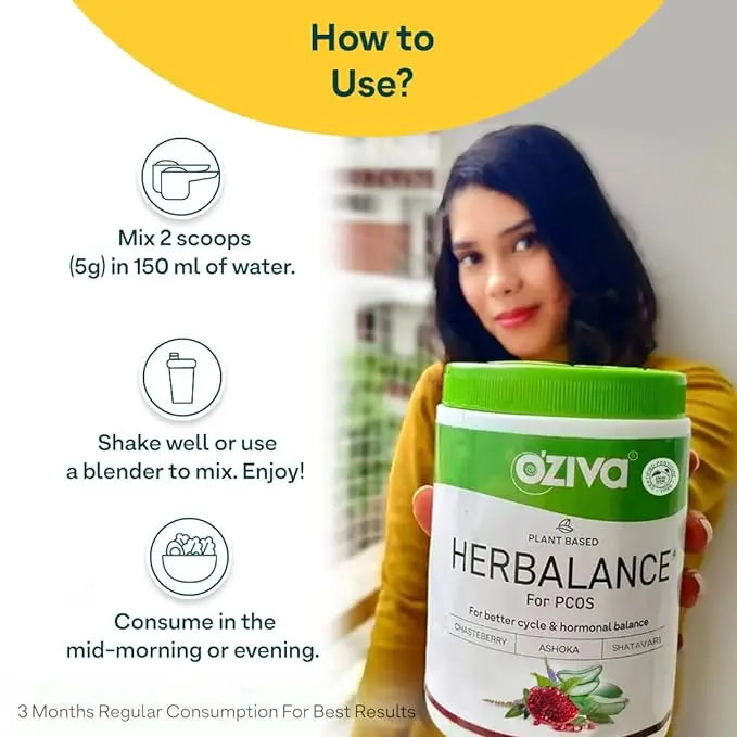 OZiva Plant Based HerBalance for PCOS Supplements for Women 250g, with Myo-Inositol, ChasteBerry, Shatavari, PCOS Supplements for Women Promoting Better Cycle & Hormonal Balance - Mytrendzcart