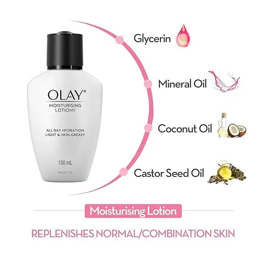 Olay Moisturising Lotion | Hydrates and Locks in Moisture | Light Weight and Non Greasy | With Coconut & Castor Seed Oil | Normal, Oily, Dry & Combination Skin l 150ml - Mytrendzcart