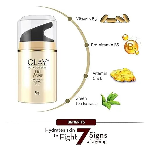 Olay Total Effects Day Cream with SPF 15 | Fights 7 Signs of Ageing | With Niacinamide and Green Tea Extracts | Normal, Oily, Dry, Combination Skin | 50g - Mytrendzcart