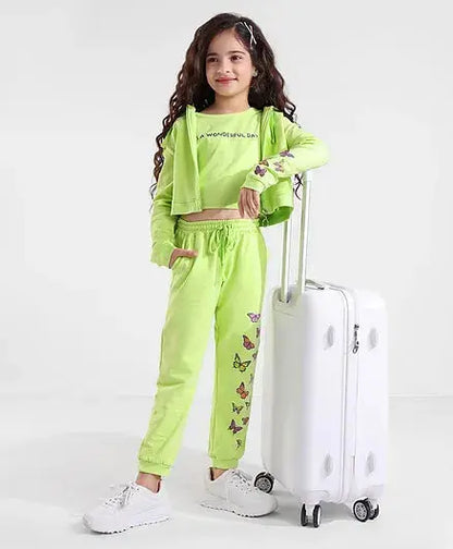 Ollington St. 100% Cotton Co-Ord Set of Full Sleeves Hoodie & Joggers With Inner Tee Butterfly Print - Neon Green - Mytrendzcart