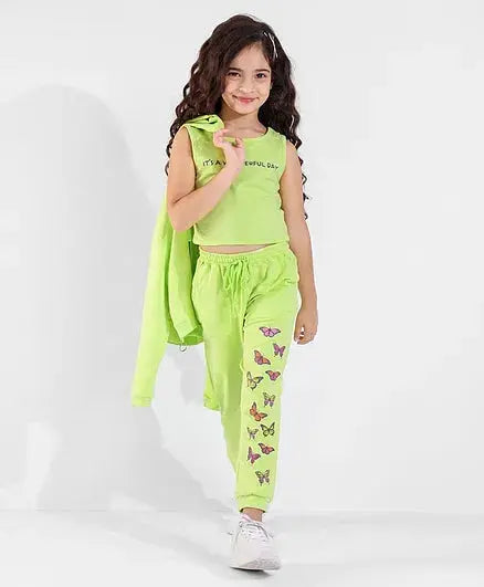 Ollington St. 100% Cotton Co-Ord Set of Full Sleeves Hoodie & Joggers With Inner Tee Butterfly Print - Neon Green - Mytrendzcart