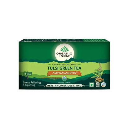 Organic India Tulsi Green Tea Ashwagandha - Herbal Sleep Tea, Caffine Free -Pack of 1 - Mytrendzcart