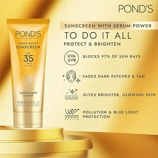 POND'S Serum boost sunscreen prevent and fade dark patches with the power of SPF 35 and NIACINAMIDE-C Serum 50g - Mytrendzcart