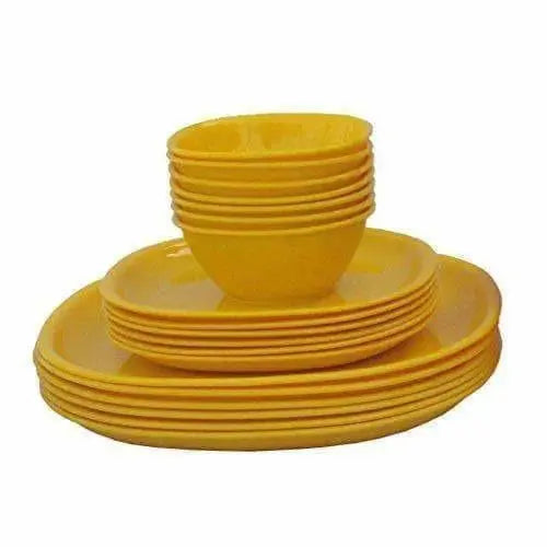 Plastic Square Plate and Bowl Set, 18-Pieces, Yellow - Mytrendzcart