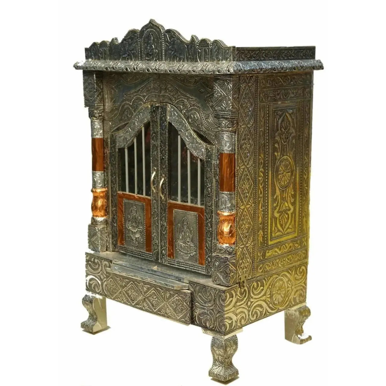 Silver Coated and Copper 2 Door Open Pooja Mandir / Pooja Mandiram Silver Coated and Copper - Mytrendzcart