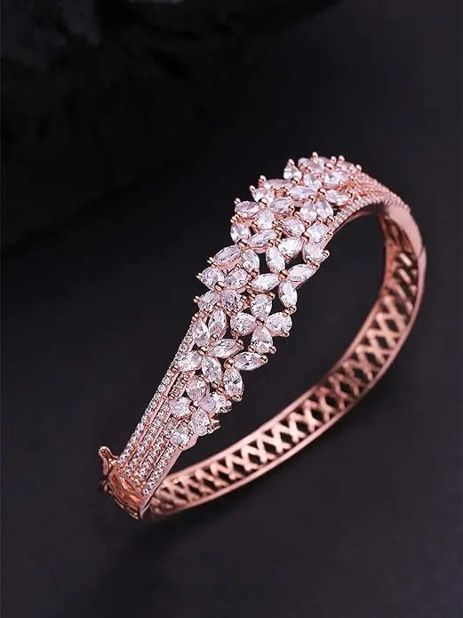 Priyaasi Floral Design Rose Gold Bracelet for Women | American Diamond Studded | Bangle Style Kada Bracelet for Girls | Interlock Closure | One Size Fits All | Gift for Women & Girls - Mytrendzcart