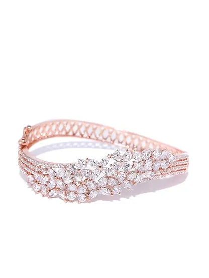 Priyaasi Floral Design Rose Gold Bracelet for Women | American Diamond Studded | Bangle Style Kada Bracelet for Girls | Interlock Closure | One Size Fits All | Gift for Women & Girls - Mytrendzcart