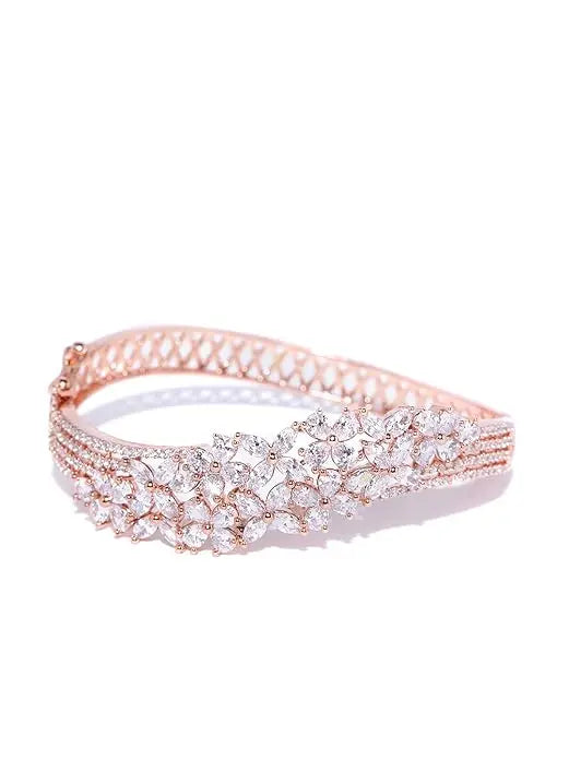 Priyaasi Floral Design Rose Gold Bracelet for Women | American Diamond Studded | Bangle Style Kada Bracelet for Girls | Interlock Closure | One Size Fits All | Gift for Women & Girls - Mytrendzcart