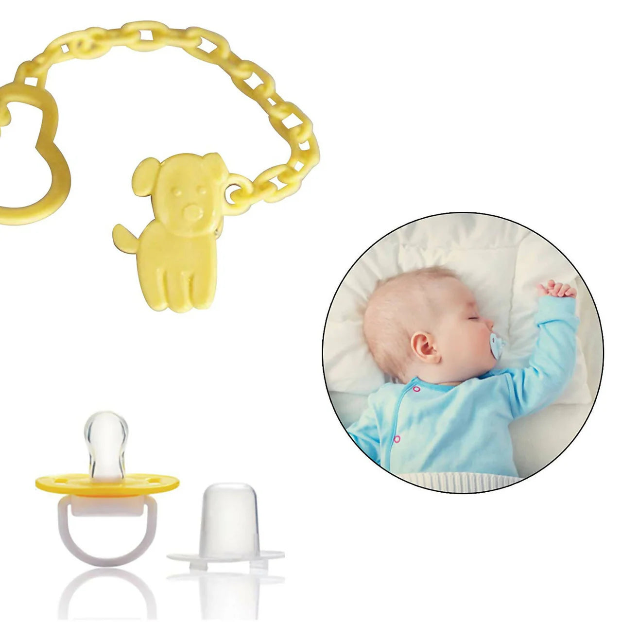 Safe-O-Kid Animal Design Silicone Pacifier/Soother With Holder Chain And Clip, Yellow Dog Mytrendzcart