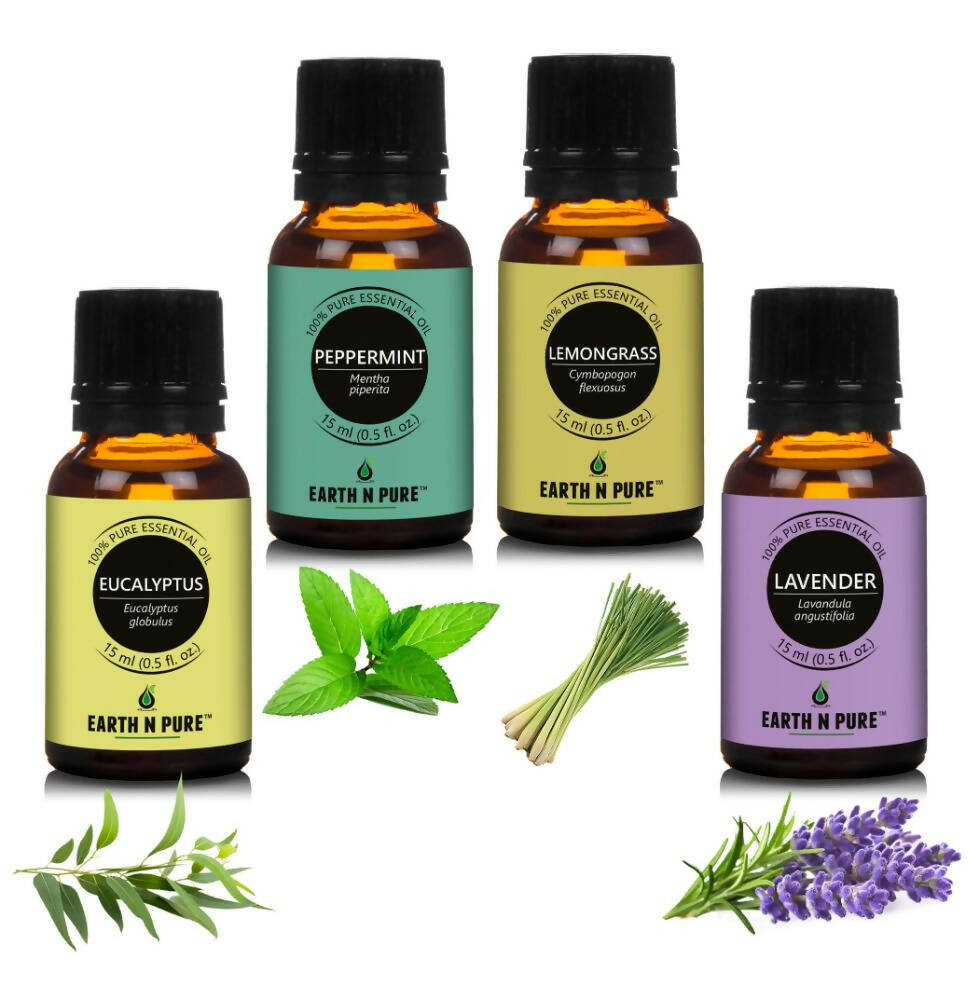 Earth N Pure Essential Oils (Eucalyptus, Lemongrass, Lavender & Peppermint) Combo - Mytrendzcart