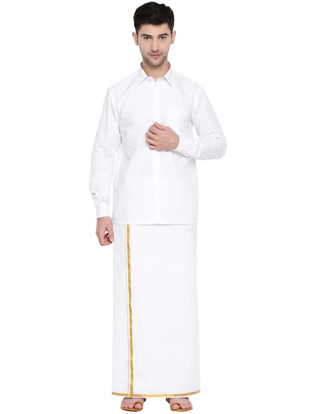 RAMRAJ COTTON Men Cotton Double Layer White dhoti with Gold jari Border. - Mytrendzcart