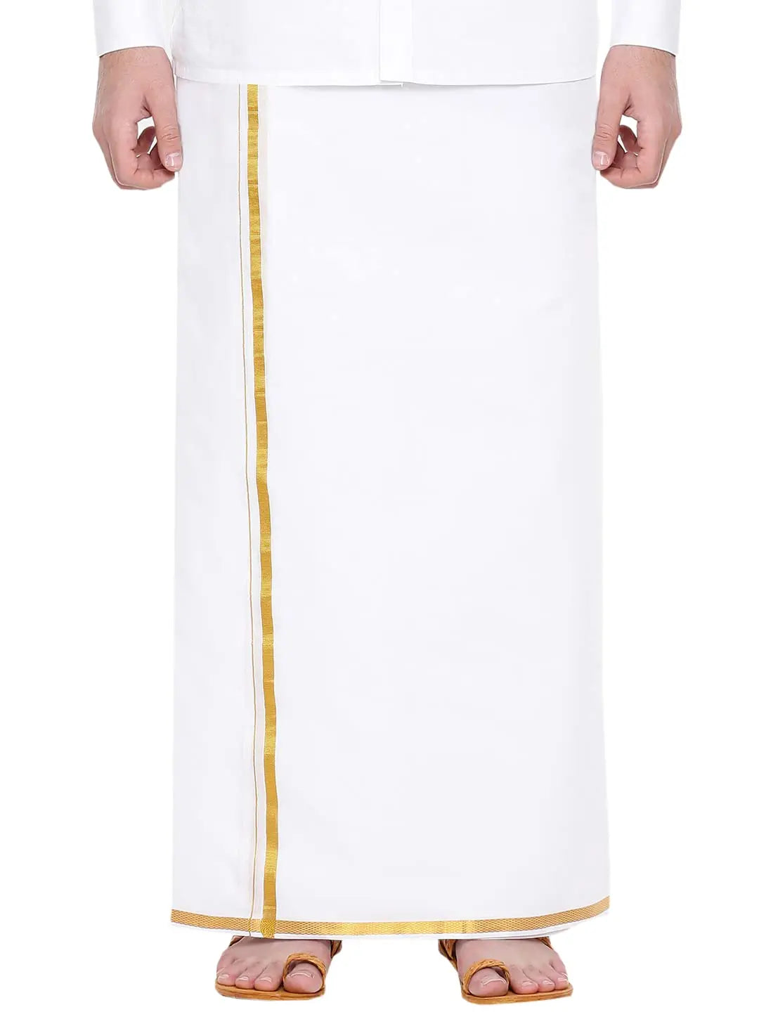 RAMRAJ COTTON Men Cotton Double Layer White dhoti with Gold jari Border. - Mytrendzcart