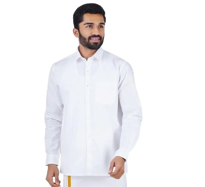 RAMRAJ COTTON Mens Spread Collar Solid Pure Cotton White Full Sleeve Shirt - Mytrendzcart