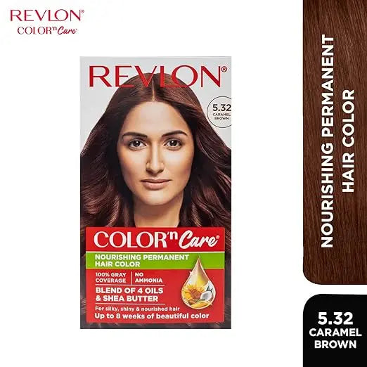 REVLON Color 'n Care NOURISHING PERMANENT HAIR COLOR - 5.32 Caramel Brown - Has essentials oils of Coconut Argan, Sunflower & Jojoba oil, along with shea butter - Mytrendzcart