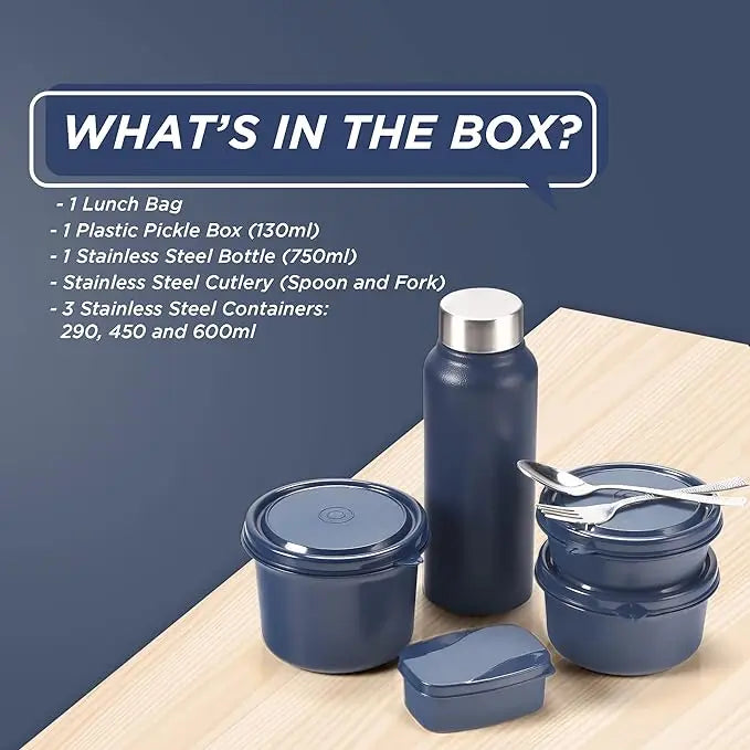 SOPL-OLIVEWARE Teso Pro Lunch Box With Steel Cutlery,3 Microwave Safe Inner Steel Containers With Bpa Free Lids(290Ml,450Ml&600Ml)Plastic Pickle Box(130Ml)Steel Water Bottle(750Ml)-Blue,600 Ml - Mytrendzcart