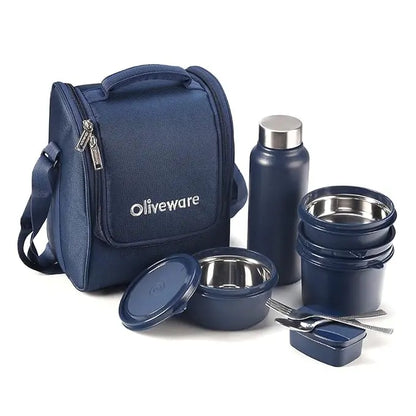 SOPL-OLIVEWARE Teso Pro Lunch Box With Steel Cutlery,3 Microwave Safe Inner Steel Containers With Bpa Free Lids(290Ml,450Ml&600Ml)Plastic Pickle Box(130Ml)Steel Water Bottle(750Ml)-Blue,600 Ml - Mytrendzcart