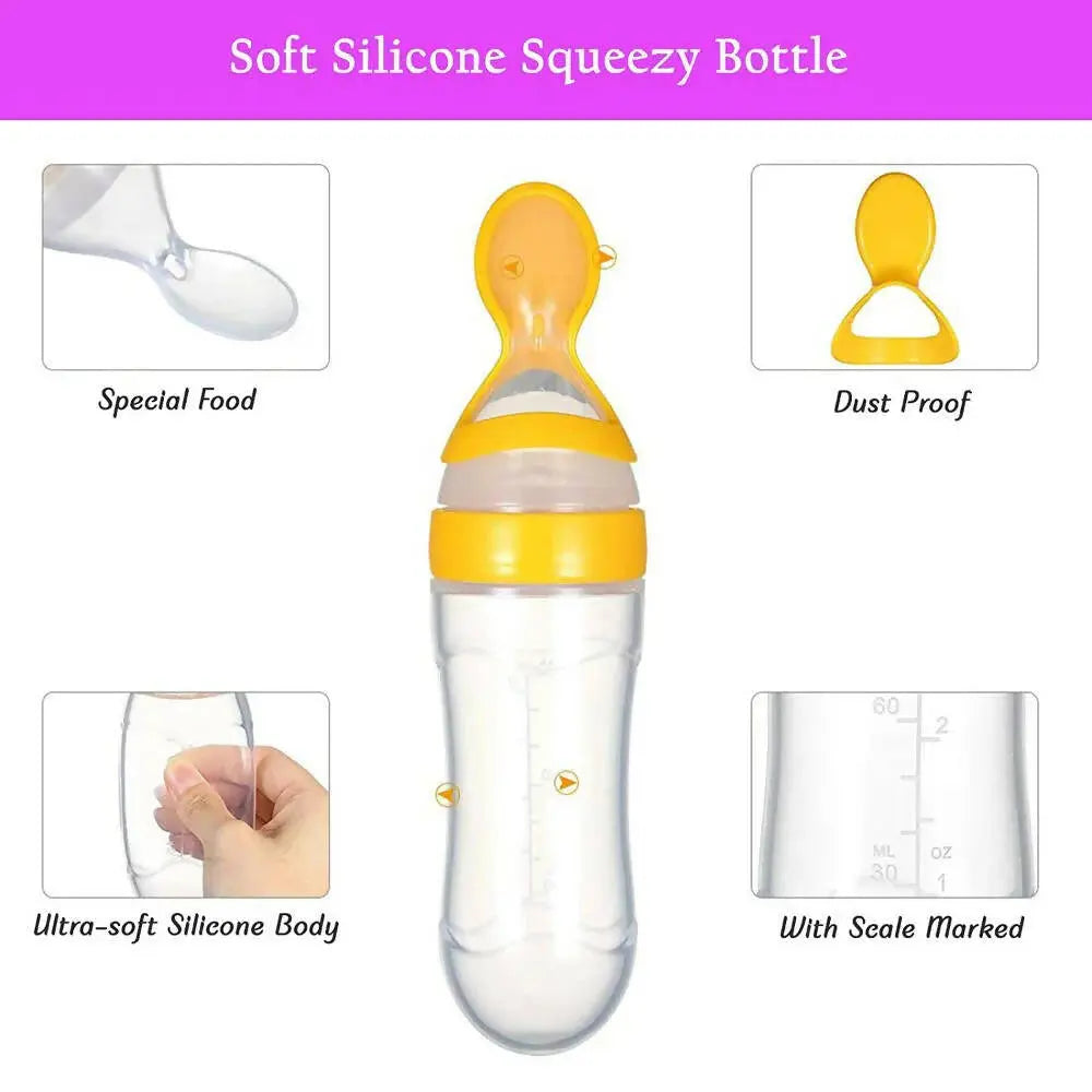 Safe-O-Kid Easy Squeezy Silicone Food Feeder Spoon (Soft Tip) Bottle- Yellow- 90mL - Mytrendzcart