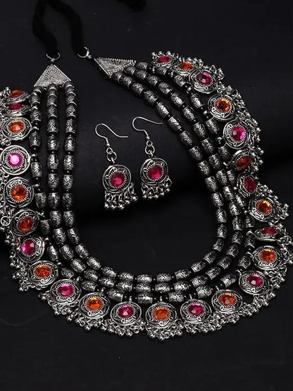 Shining Diva Fashion Latest Stylish Fancy Oxidised Silver Tribal Necklace Jewellery Set for Women (12164s), Multicolour, One - Mytrendzcart