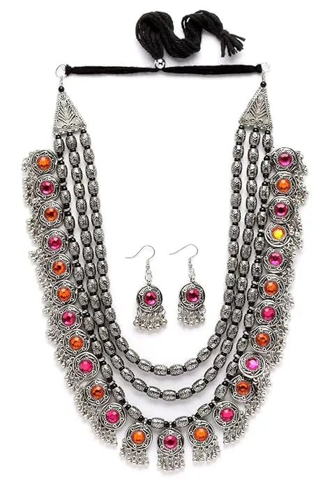 Shining Diva Fashion Latest Stylish Fancy Oxidised Silver Tribal Necklace Jewellery Set for Women (12164s), Multicolour, One - Mytrendzcart