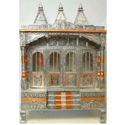 Silver Coated 4 Door with 3 Monument Towers Silver Pooja Mandir / Silver Pooja Mandiram - Mytrendzcart