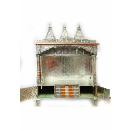 Silver Coated 4 Door with 3 Monument Towers Silver Pooja Mandir / Silver Pooja Mandiram - Mytrendzcart