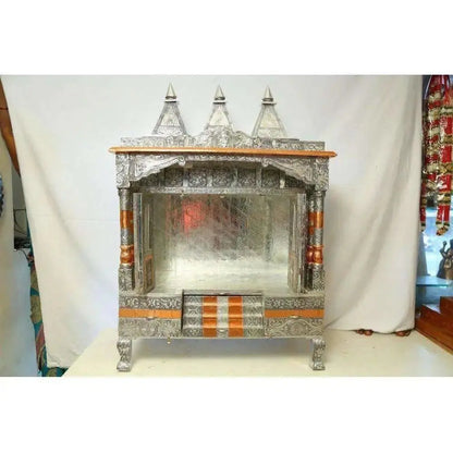 Silver Coated 4 Door with 3 Monument Towers Silver Pooja Mandir / Silver Pooja Mandiram - Mytrendzcart