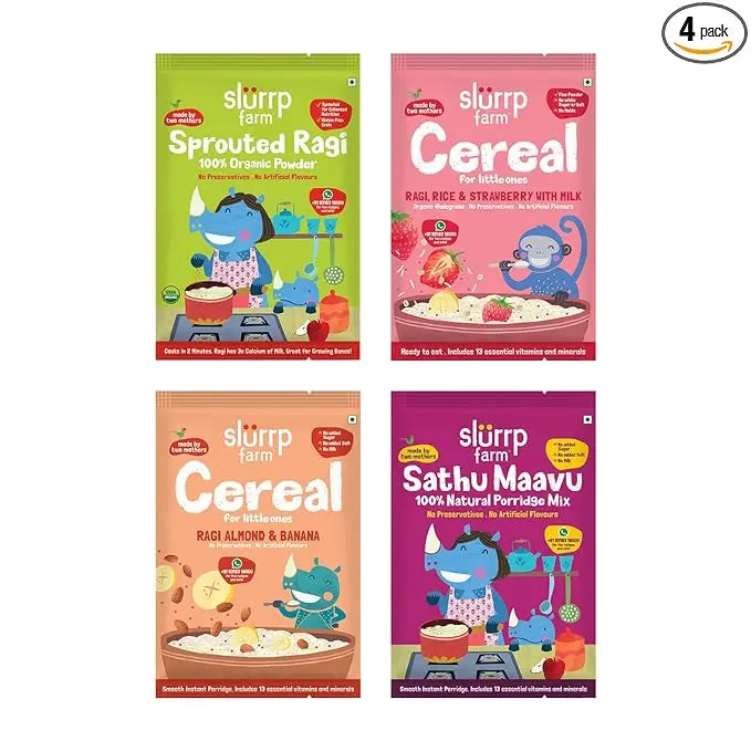 Slurrp Farm Ragi Trial Pack Combo, No Sugar No Salt, Rich in Calcium, Easy for Digestion, 50g each (Pack of 4) - Mytrendzcart