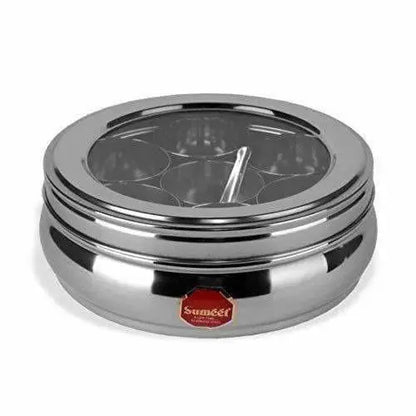 Stainless Steel Belly Shape Spice Box with See Through Lid with 7 Containers and Small Spoon - Mytrendzcart