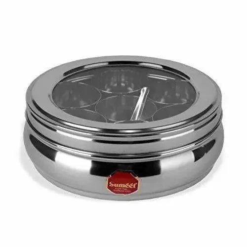 Stainless Steel Belly Shape Spice Box with See Through Lid with 7 Containers and Small Spoon - Mytrendzcart