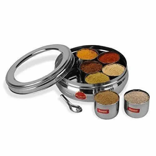 Stainless Steel Belly Shape Spice Box with See Through Lid with 7 Containers and Small Spoon - Mytrendzcart